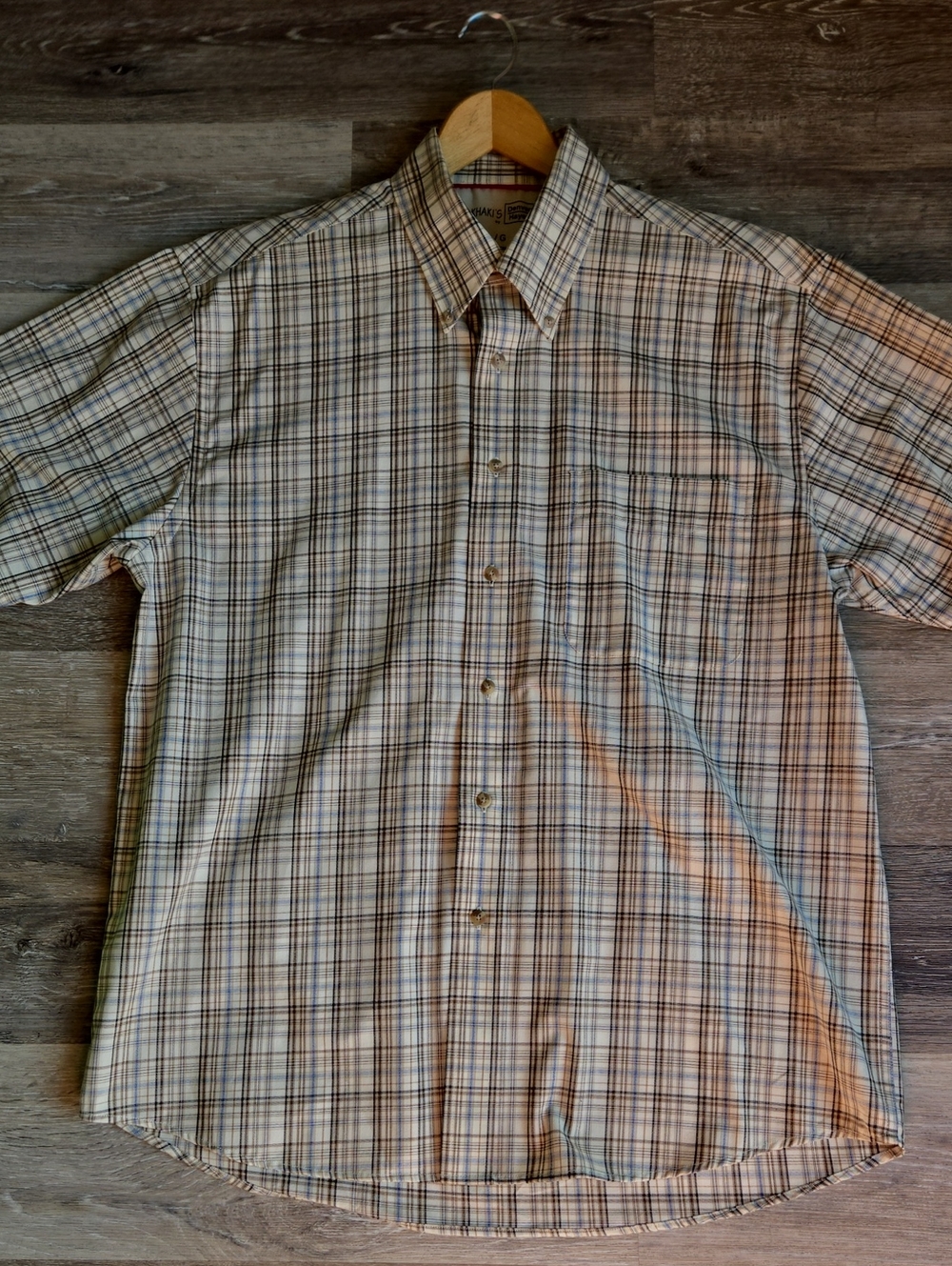 Denver Hayes Men's Short-Sleeve Cotton Blend Plaid Button-Up Shirt - Beige/Blue